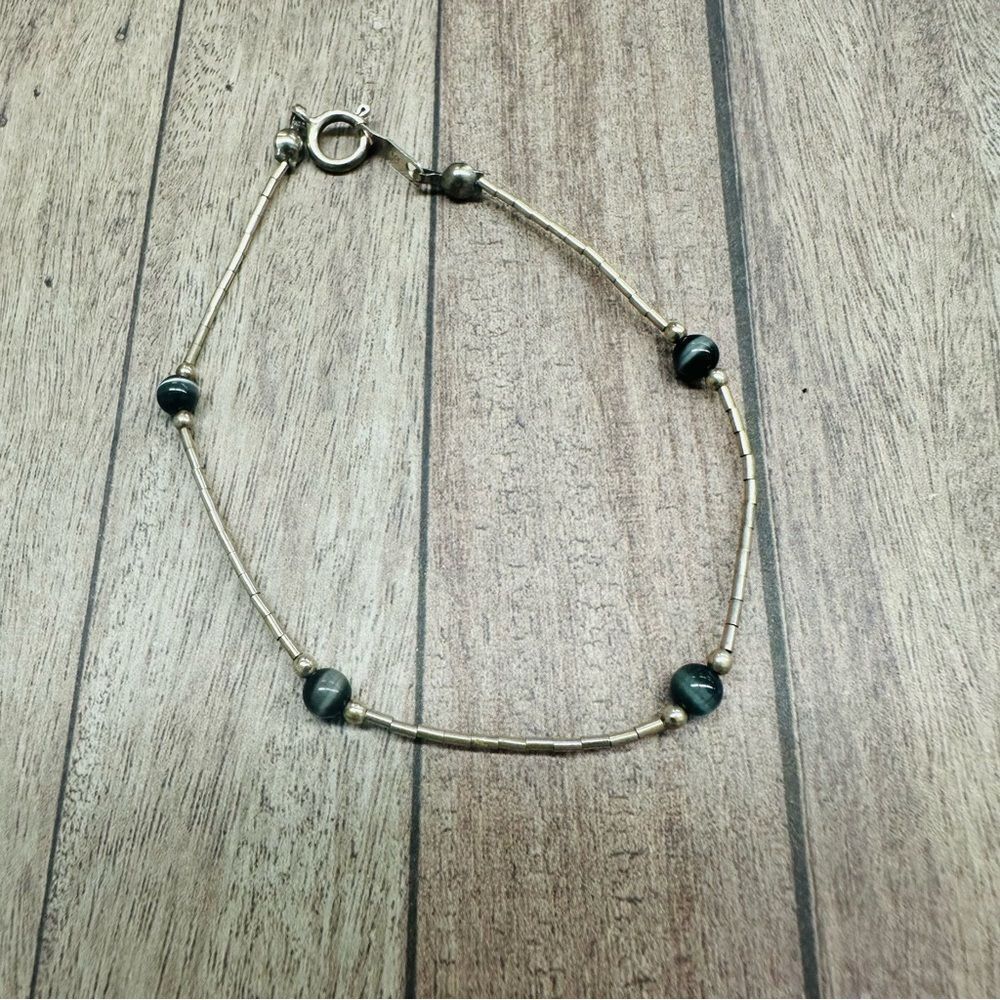 Sterling Silver Liquid Silver‎ Gray Cat Eye Bead Bracelet 7 In.  B2